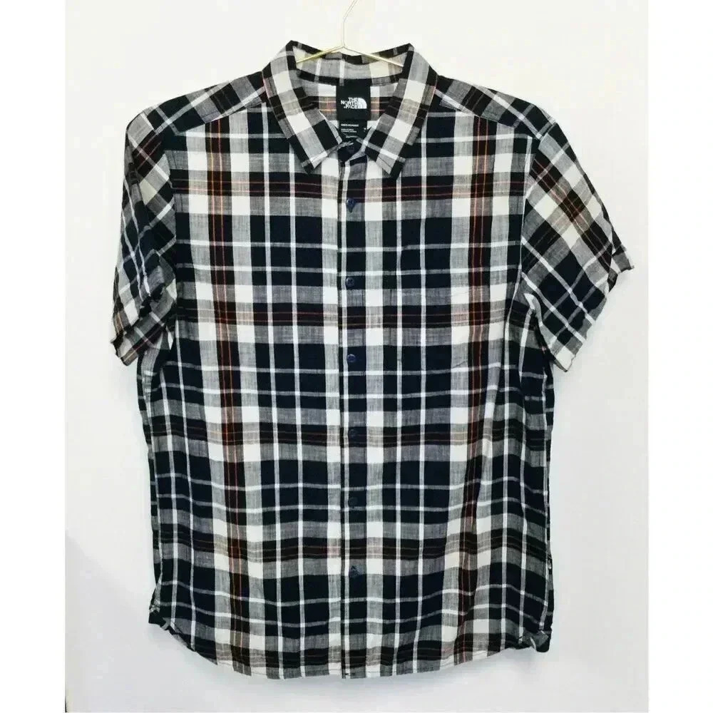 The North Face Mens Navy Blue Plaid Short‎ Sleeve Button-Down Shirt Size Medium